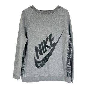 Nike Graphic Logo Sweatshirt Print Back Crew Neck Pullover Gray Sz L